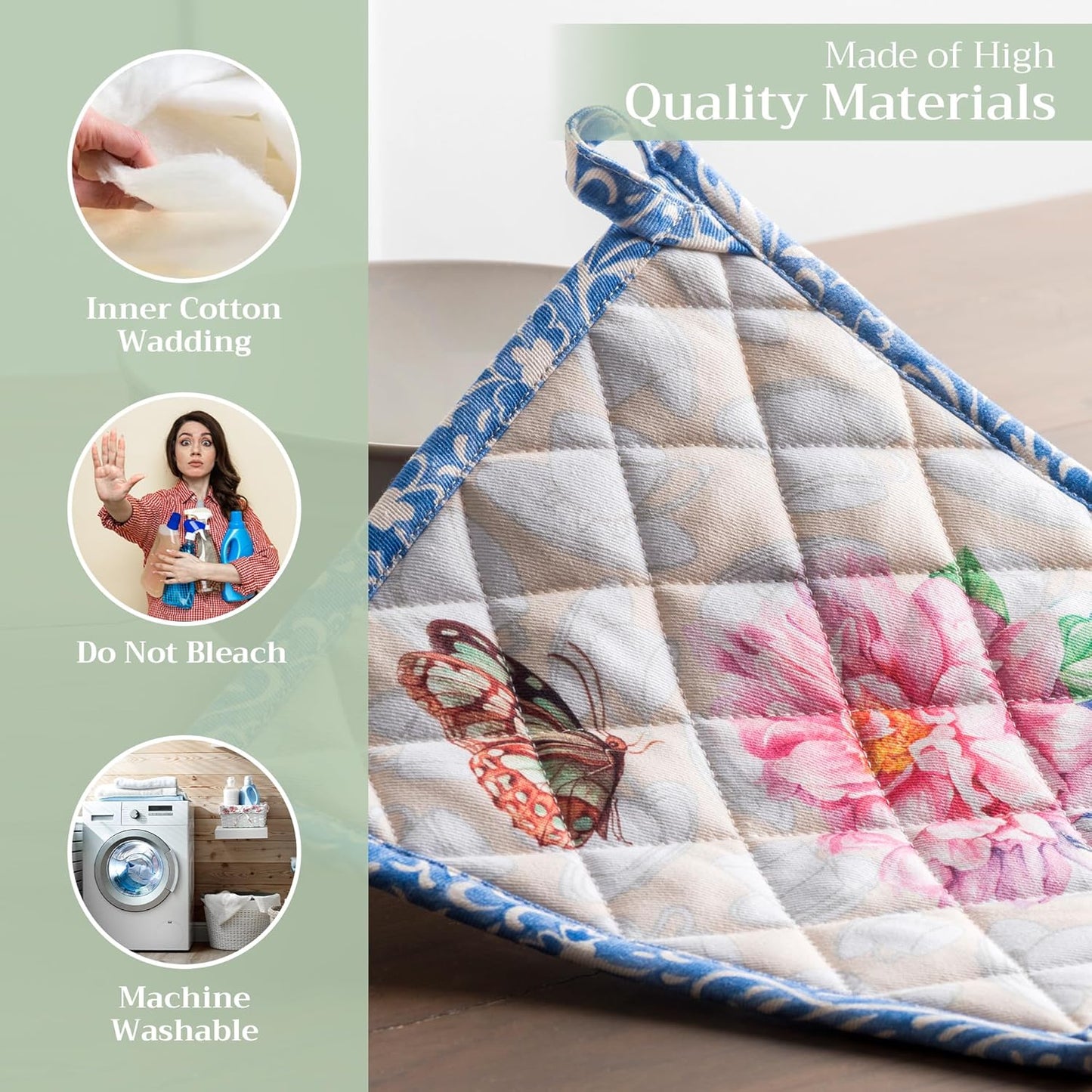 Maison d' Hermine Pot Holders Set 100% Cotton Heat Resistant Potholders 8" x 8" Hot Pads with Loop BBQ, Cooking, Baking, Grilling, Kitchen, Handling Hot Pans Spring/Summer (Pack of 2, Canton)