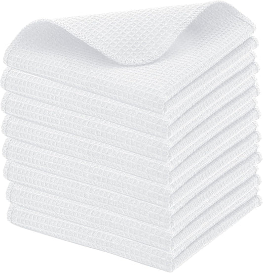PurpleEssences Dish Cloths and Dish Rags - 8 Pack Waffle Weave Solid Kitchen Dish Wash Cloths, 100% Cotton, 12 x 12 Inches, Ultra Soft Absorbent Quick Drying - Spring Summer - White