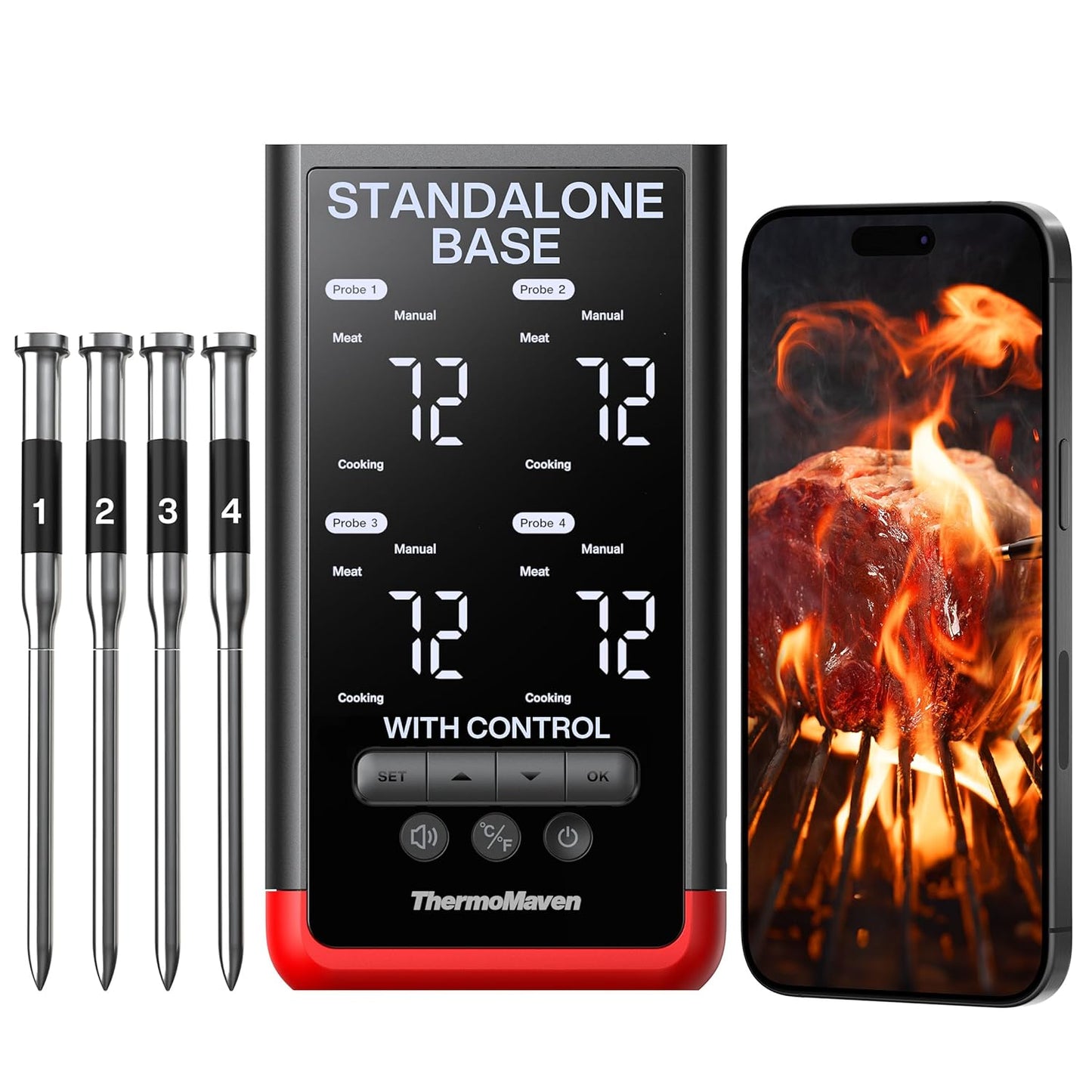 Smart Bluetooth Wireless Meat Thermometer: Standalone Base, WiFi Unlimited Range, 6 Sensors with NIST Certified Accuracy, 4 Probes for Kitchen, BBQ, Grill, Oven, Smoker, Rotisserie