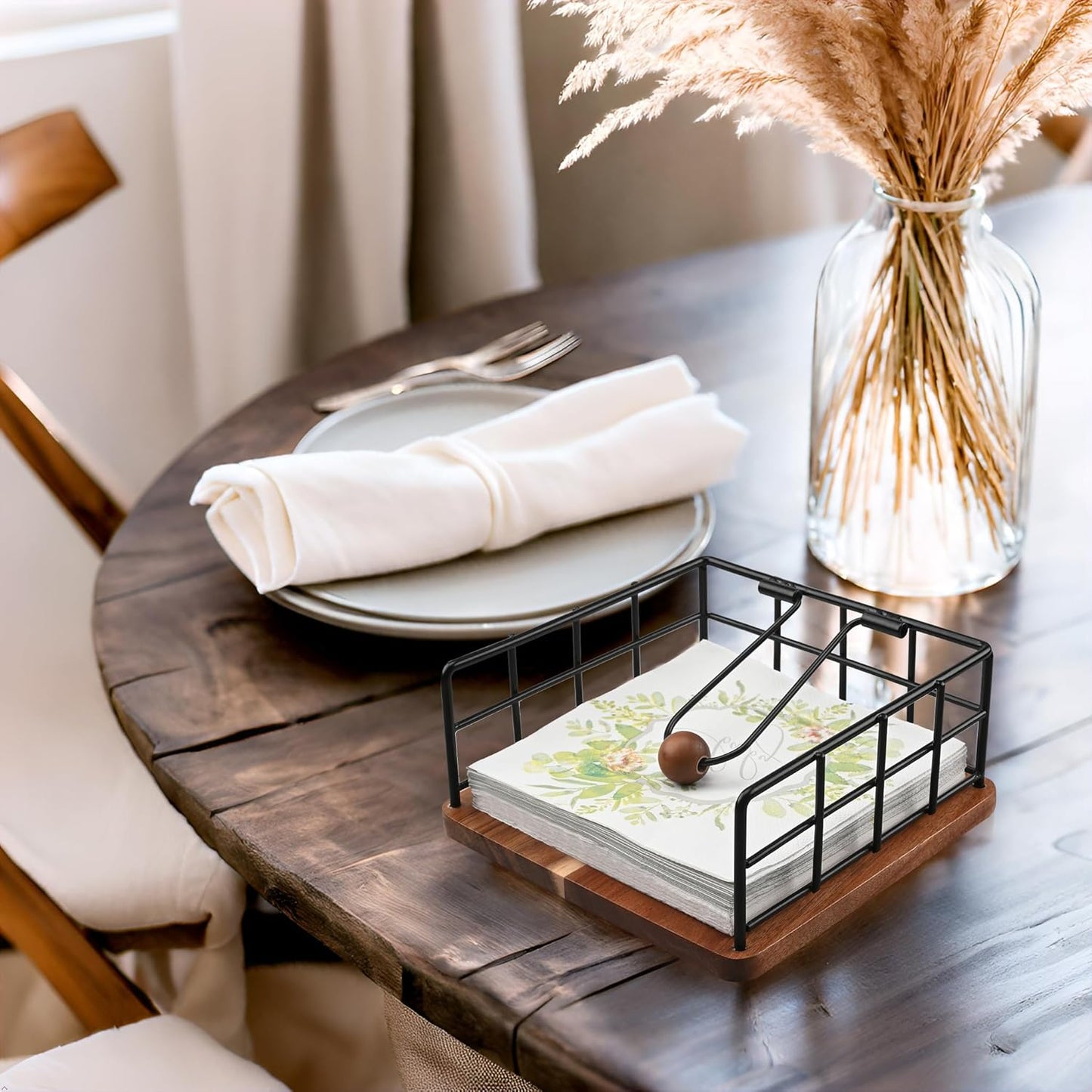 Flat Napkin Holder for Table, Acacia Napkins Holder with Weighted Arm, Rustic Metal Square Napkin Holder Organizer for Kitchen, Flat Napkin Dispenser for Countertop, Dining Room