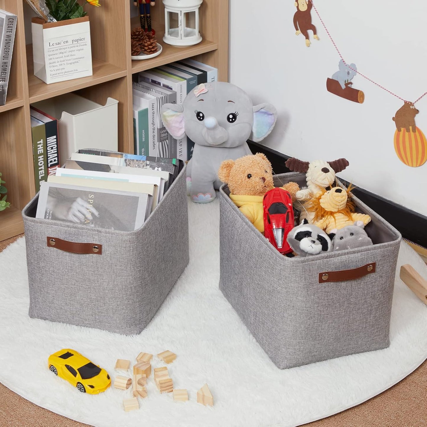 HNZIGE Large Rectangle Storage Baskets for Shelves 16"×11.8"×11.8" Fabric Storage Bins with Handles (2 Pack) Decorative Storage Baskets for Organizing Clothes, Toy, Quilts, Sundries Closet(Gray)