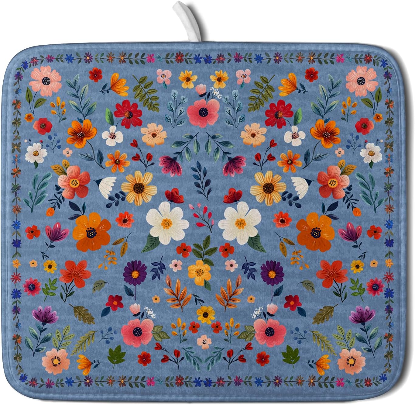Lovely Flowers Dish Drying Mat - Blue Floral Kitchen Counter Microfiber Drying Pad 16 X 18 for Home Decor