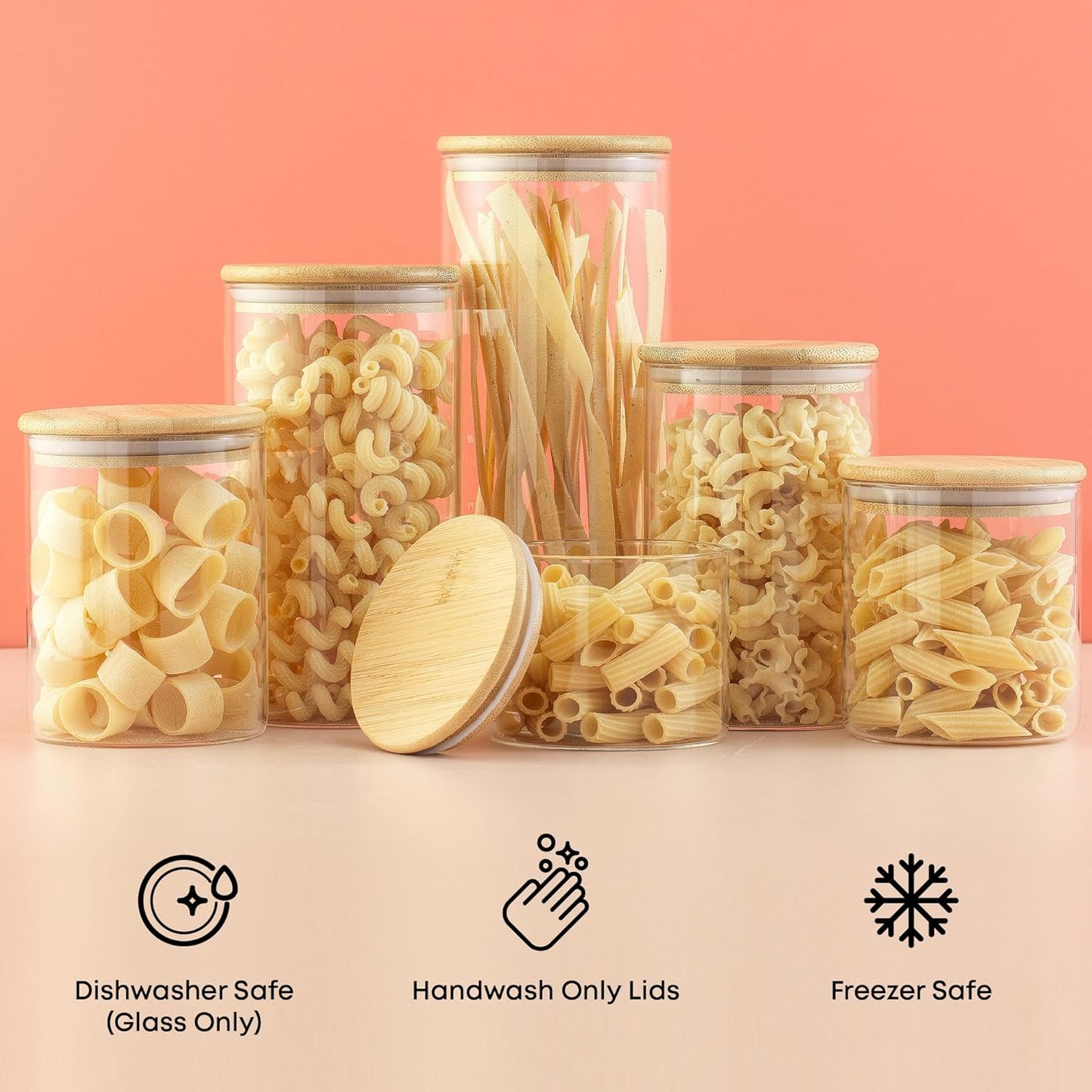 JoyJolt Borosilicate Glass Jars With Bamboo Lids. 6 Pc Set of Air Tight Sealable Containers. Food Jar Canisters with Airtight Lid for Pantry Storage and Kitchen Organization.