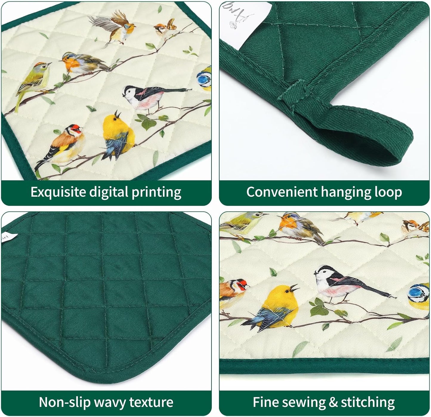 Bird Branch Oven Mitts and Pot Holders Sets 4Pcs, 100% Cotton Heat Resistant, Extra Long Oven Gloves Potholder for Kitchen Cooking Baking Decoration