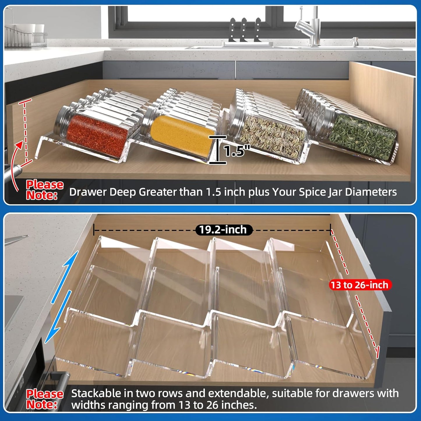 MIUKAA Clear Acrylic Spice Drawer Organizer, 4 Tier- 2 Set Expandable From 13" to 26" Drawer Seasoning Organizer, Kitchen Spice Rack Tray for Drawer/Countertop (Jars not included)