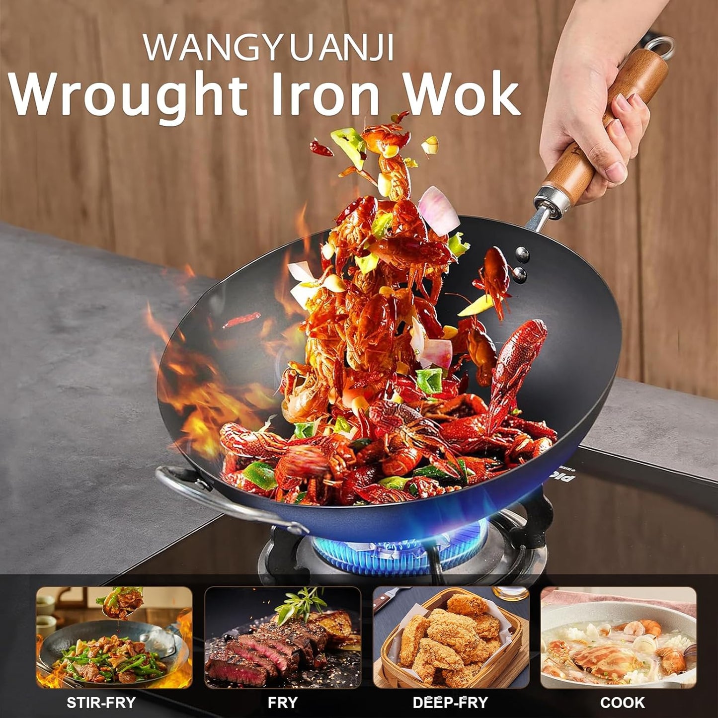 WANGYUANJI Iron Wok,12.59 inch Woks for Stir-fry, Chinese Stir Fry Pan Uncoated, Traditional Flat Bottom Iron Pot for Induction, Electric, Gas, Suitable for All Stoves(Pure Iron Wok)