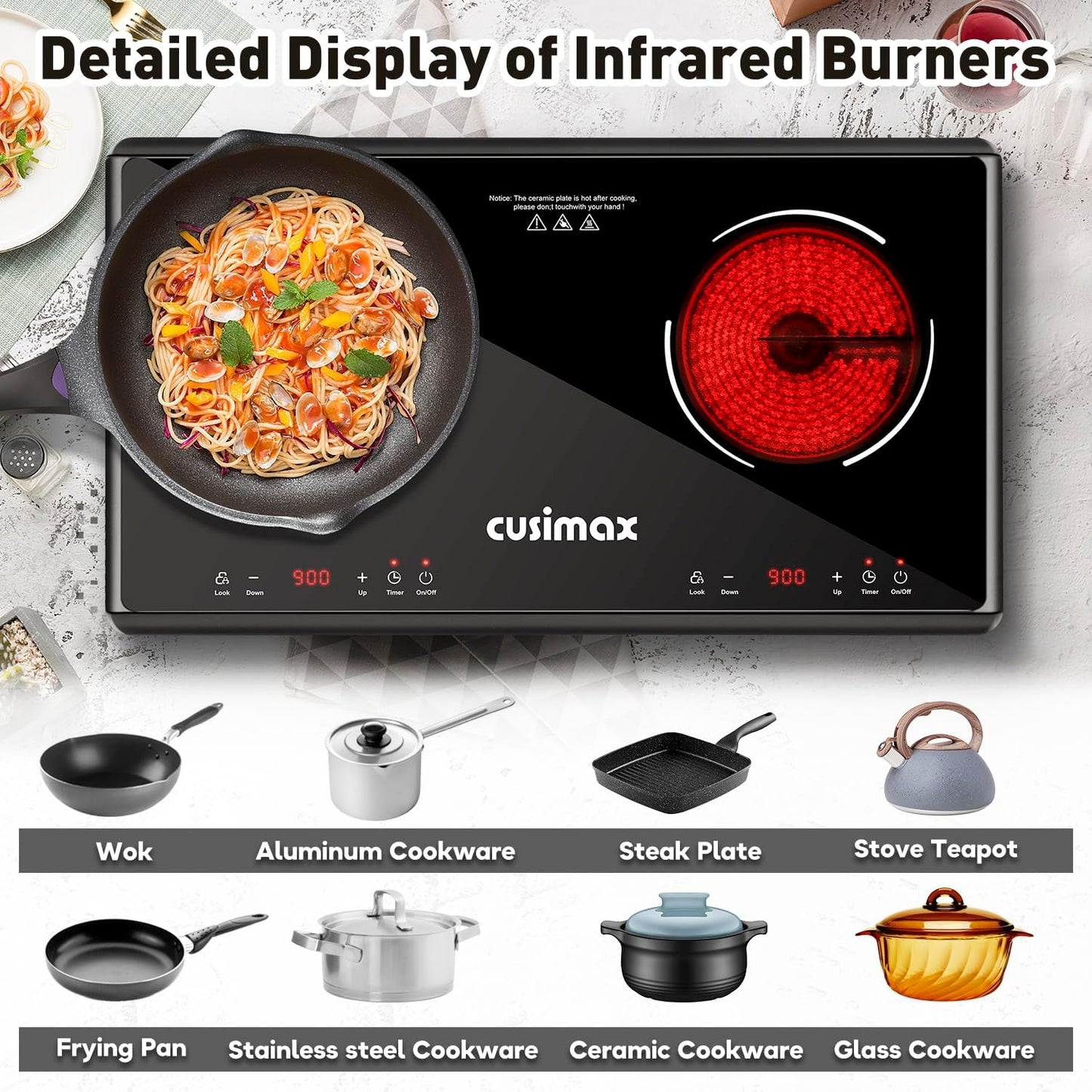 Electric Stove,Cusimax Electric Hot Plate for Home,9 Temperature and 1800w Power Level,Double Infrared Burner with Sensor Touch,Kids Safety Lock,Timer,Ceramic Countertop Stove