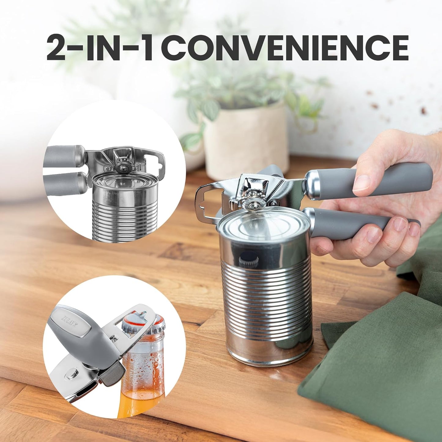 Zulay Kitchen Heavy Duty Stainless Steel Can Opener Manual with Bottle Opener - Rust Proof Manual Can Opener With Turn Knob & Soft Grip Handles