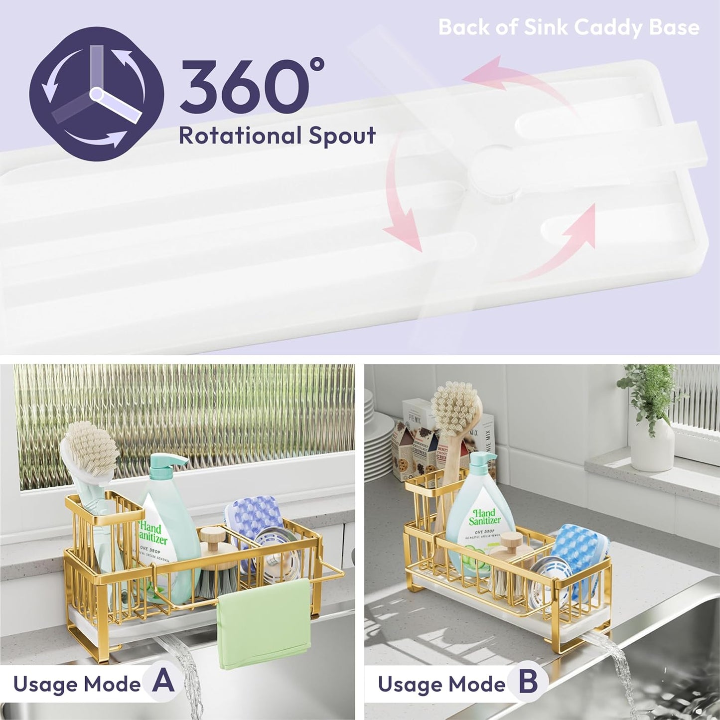 SWTYMIKI Sponge Holder for Kitchen Sink - Sink Caddy with Brush Holder Self-draining Sponge Caddy Organizer with Divider Stainless Steel Kitchen Accessories Storage for Countertop, Gold