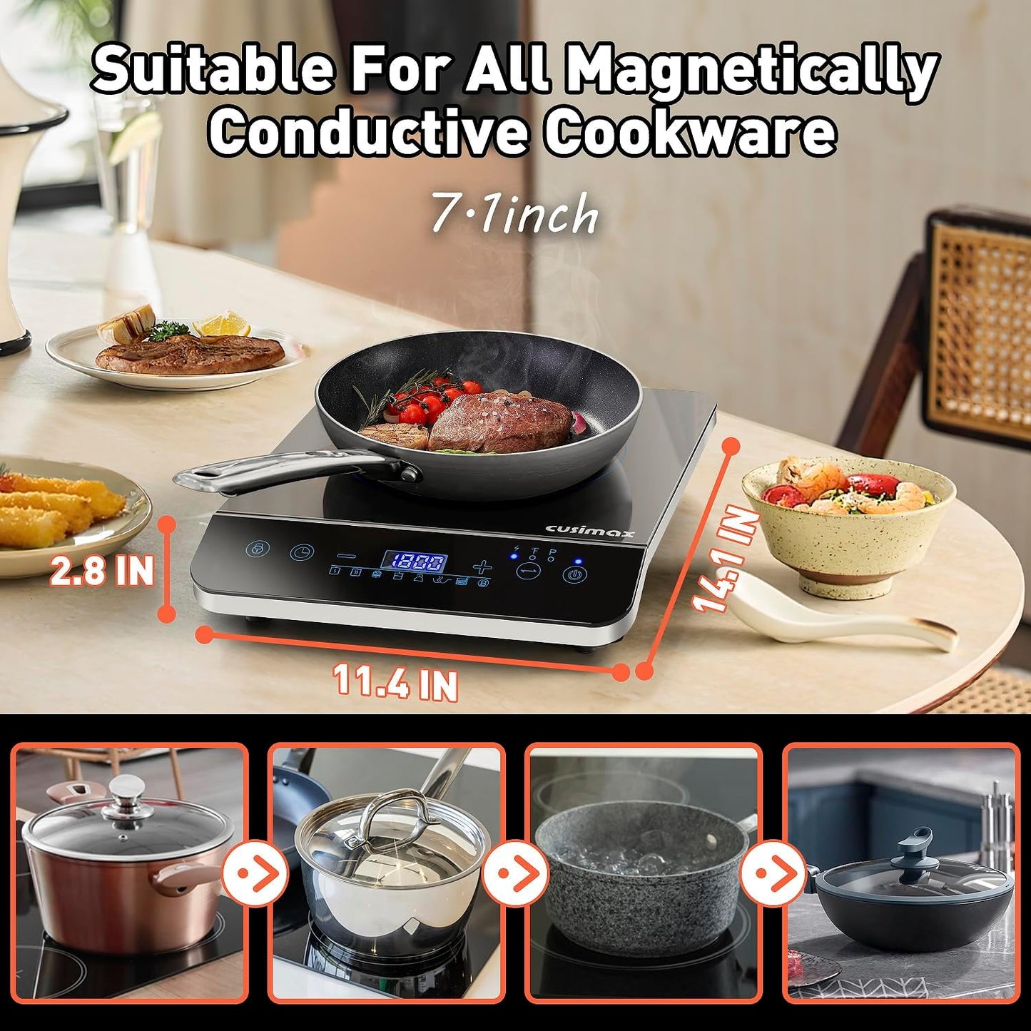 CUSIMAX Portable Induction Cooktop,3 Control Modes, 1800w 7.1" Heating Coil,140°F To 464°F,Induction Hot Plate with LED Display Sensor Touch Screen,Timer and Child Lock,Even and Fast Heating