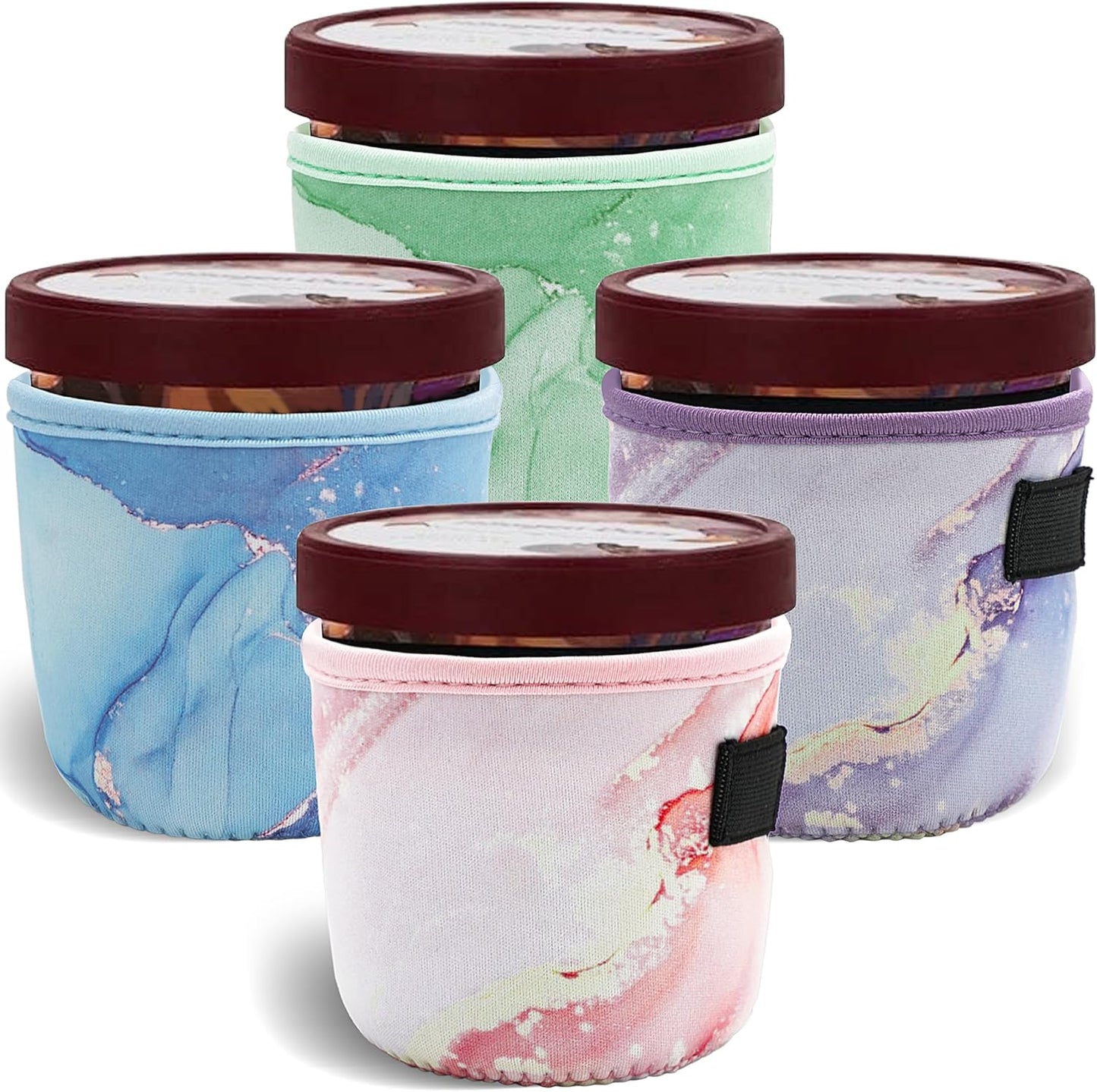 4 Pack Pint Size Ice Cream Sleeves Cozy Neoprene Cover with Spoon Holder Reusable Insulators Cream Sleeves (4 Pack A)