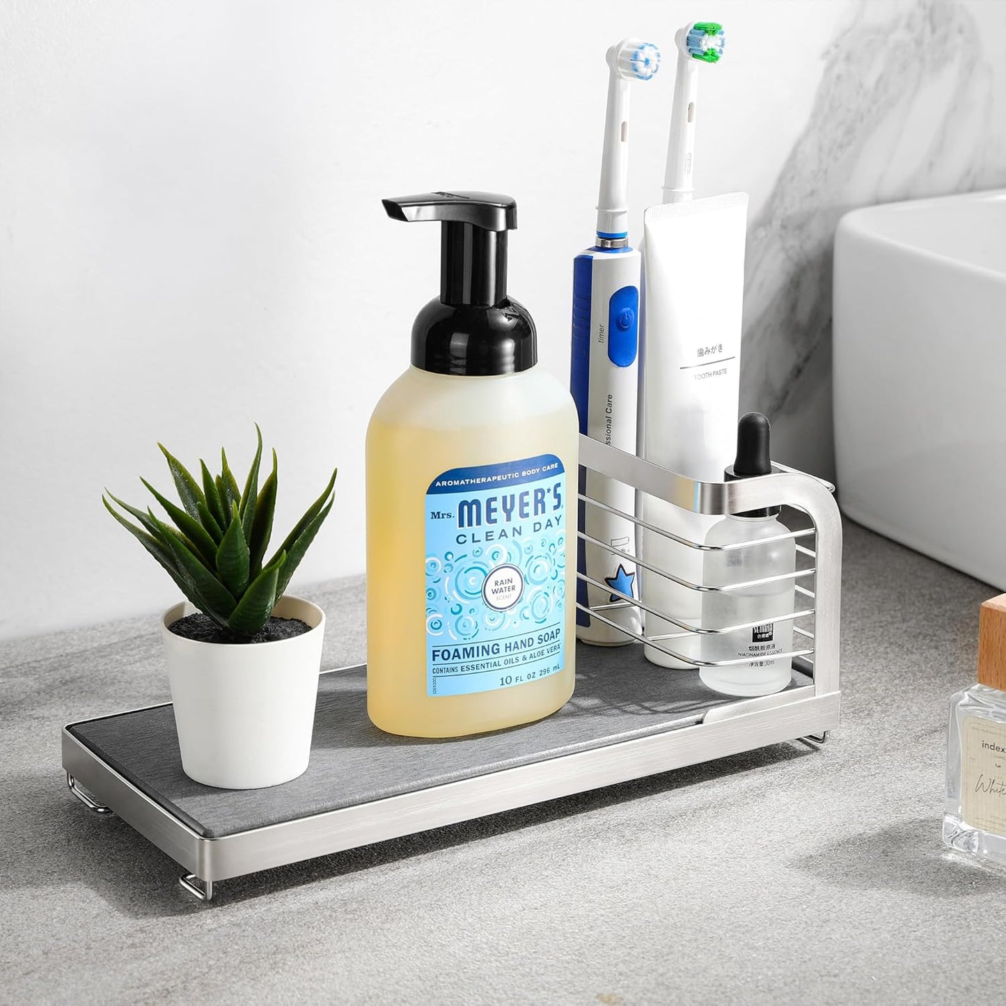 Wipe-Free Sink Organizer with Drying Stone, Instant Dry Sink Caddy Organizers, Kitchen Sponge Soap Holder Dispenser, Countertop Fast Drying Counter Tray Rack