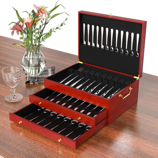 Silverware Storage Box 3-Layer Wooden Silverware Chest 15x11in Flatware Storage Case with Handle and Felt Lined Luxury Style Decor to Store Sterling Silver Ware Cutlery Sets for Home Restaurant