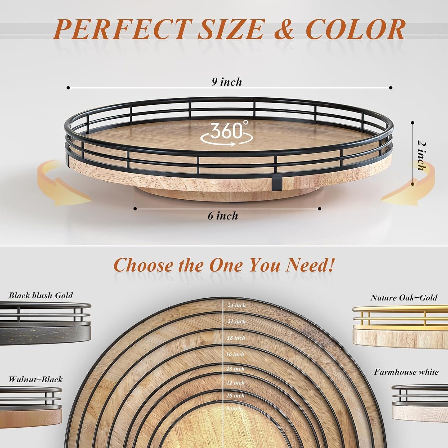 9" Oak Wood Lazy Susan Turntable Organizer for Cabinet, Round Wooden Farmhouse Lazy Susan Organization and Storage for Dining Table, Pantry, Kitchen, Countertop, Cupboard,Home Decor