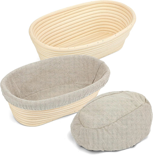 2PCS Banneton Bread Proofing Basket - 10 Inch Oval Banneton Basket and Linen Liner，Sourdough Bread Baking Supplies