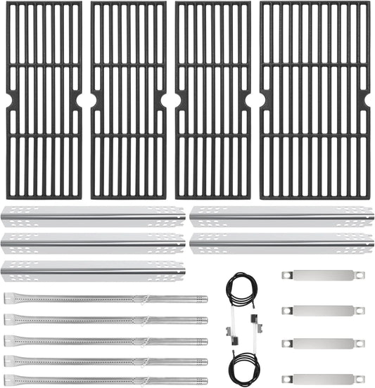 Cast Iron Grill Grates and Stainless Steel Grill Part Kit for Charbroil Performance 5 Burner Grills 463275717 463275517 463243518 463243519, Heat Plates, Burners, Adjustable Crossover Tube, Ignition