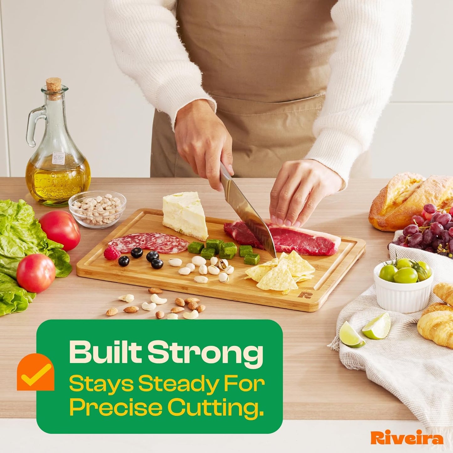 Riveira Brown Bamboo Wood Cutting Board – Gourmet Bamboo Grandeur: 15 x 10 Wooden Cutting Board – Wooden Cutting Boards For Kitchen Decorative – Innovative Juice Grooves Wooden Chopping Board