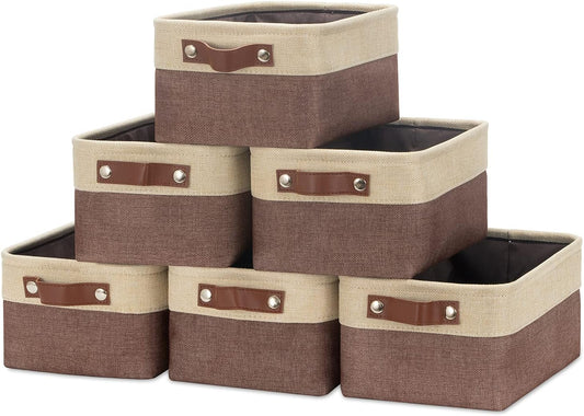 HNZIGE Foldable Fabric Storage Baskets for Shelves(6pack) Small Bins with Handles, Canvas Baskets for Gifts Empty With Handles for Closet Nursery Home Shelves Toy (Gold&Brown, 11.8" x 7.8" x 5.1")