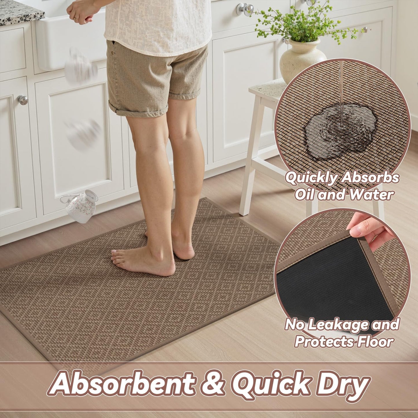 PADOOR Kitchen Floor Mat, Rubber Backed Kitchen Rugs Non Slip Washable, Super Absorbent Kitchen Mats for Floor Front of Sink, 20"x32" Brown