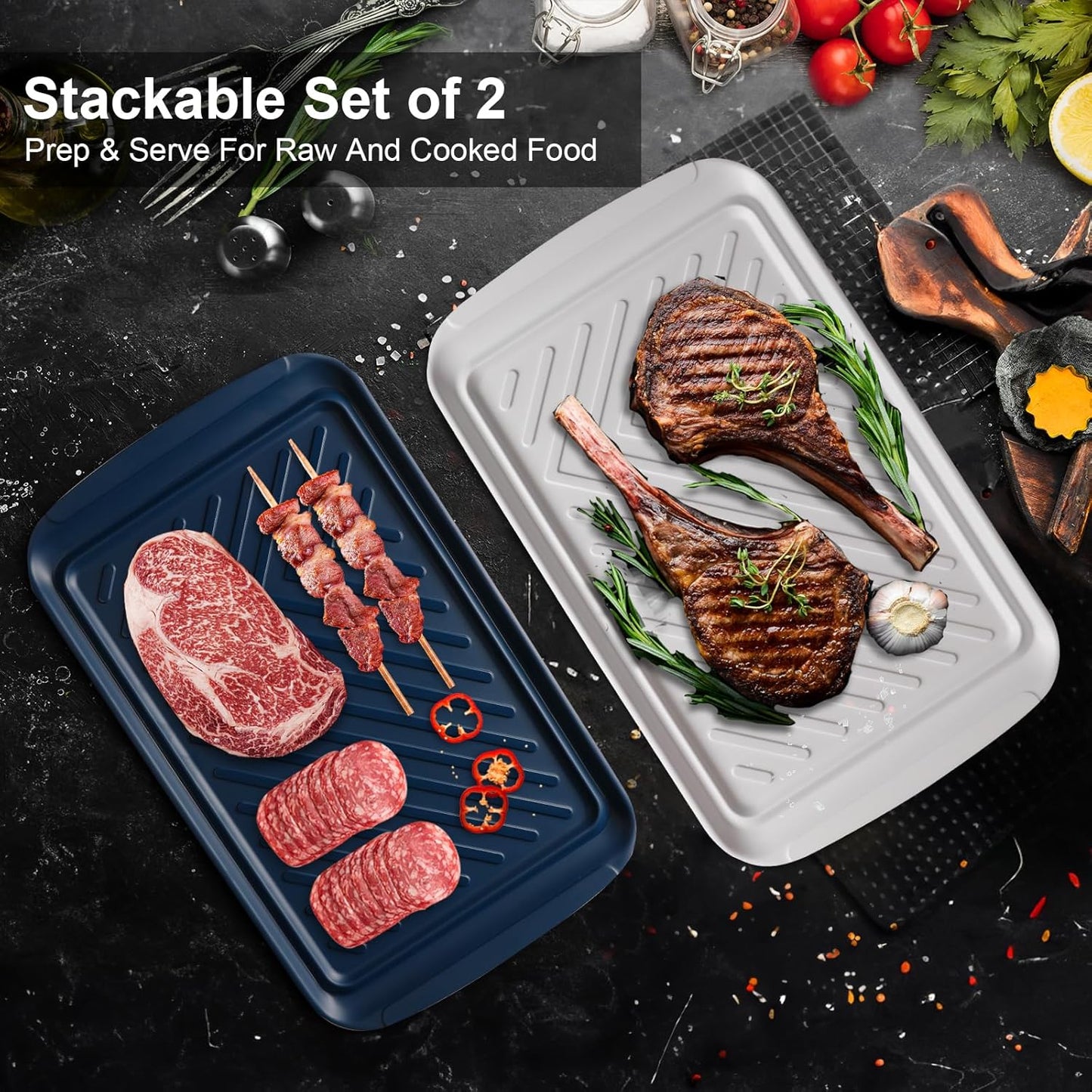 LEHAHA Grilling Prep and Serve Trays, Melamine BBQ Tray for Raw and Cooked Food, Food Serving Platter and plate for Outdoor Party,Large Melamine Serving Platter, Set of 2, 17.2 x 10.5'',Blue and White