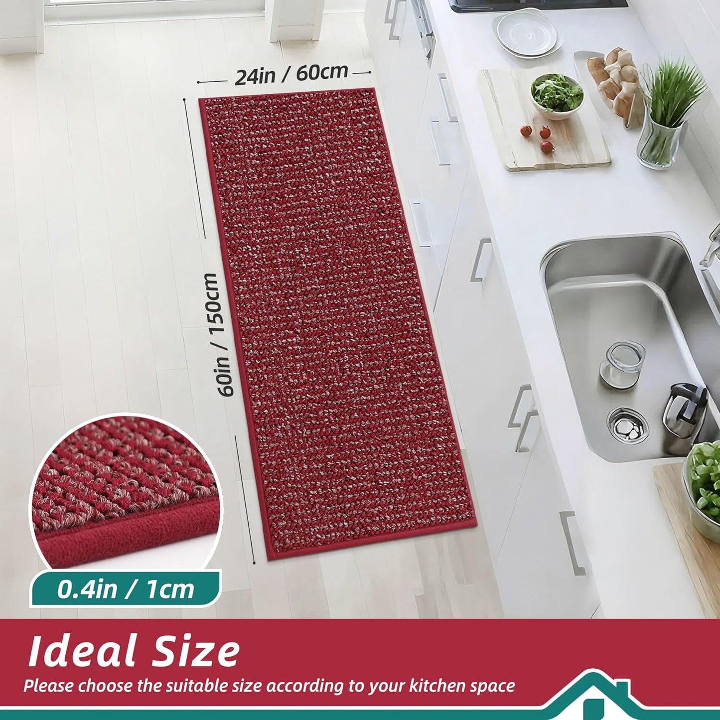 BEQHAUSE Kitchen Runner Rugs 24"x60", Non-Slip Kitchen Mats for Floor, Super Absorbent and Stain Resistant Kitchen Rug, Machine Washable Rugs for Kitchen, Hallway, Laundry & Sink, Red