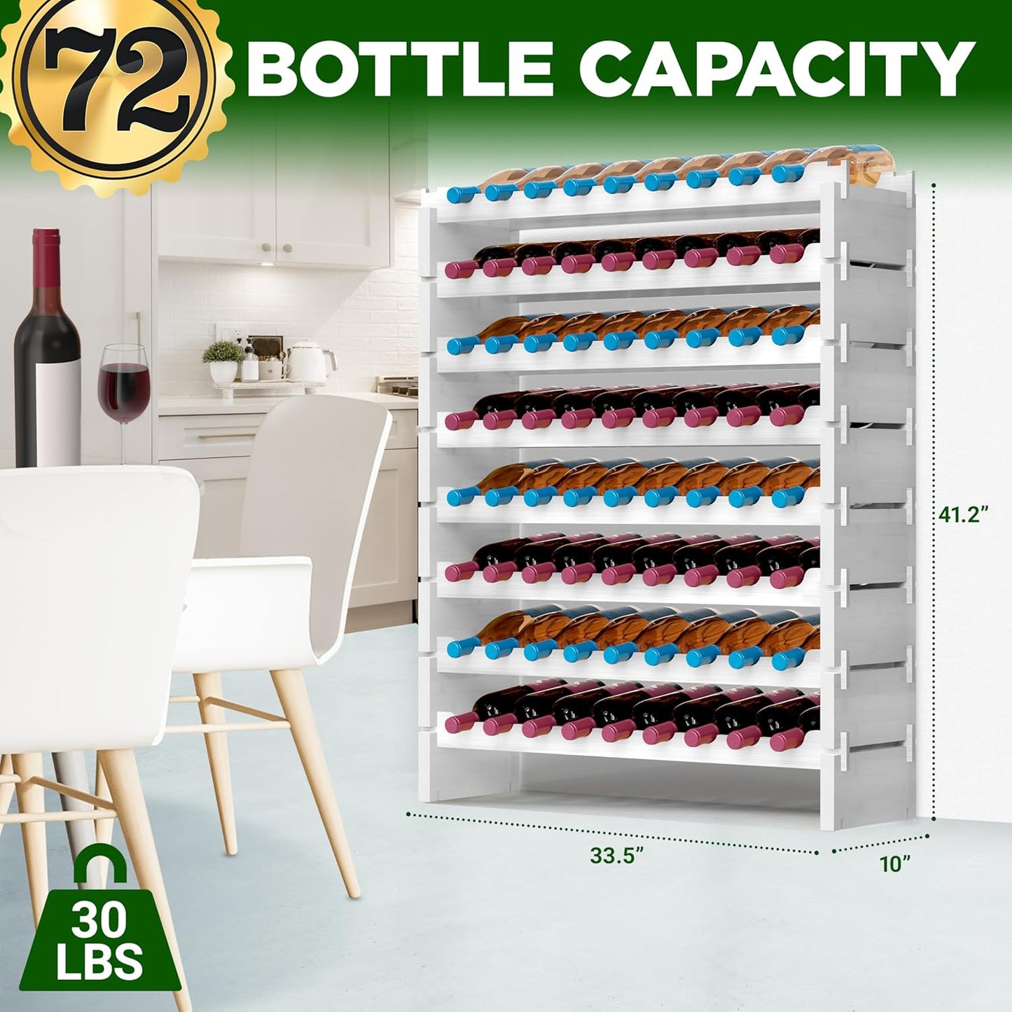 NutriChef Bamboo Stackable Wine Rack, 8-Tier 72 Bottle Capacity Wine Racks Free Standing Floor, No Tools Assembly, Modular Storage Display Shelf for Kitchen and Cellar 33.5" x 10" x 42", White