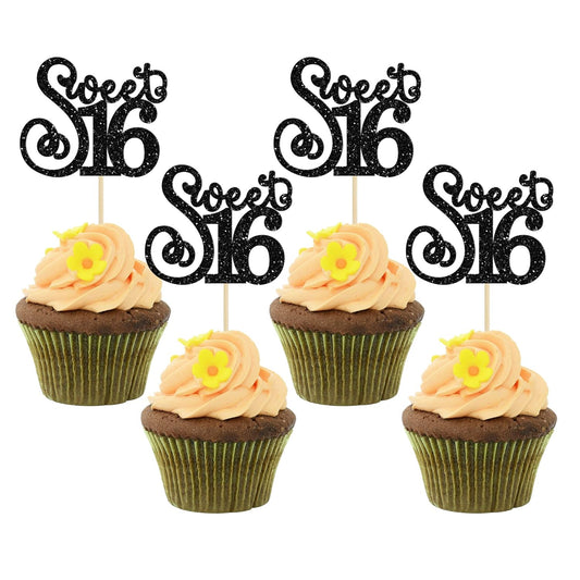 Gyufise 24 Pack 16th Birthday Cupcake Toppers Glitter Sixteen Happy Sweet 16 Cupcake Picks Cheers to 16 Years Old Cupcake Decorations for 16th Birthday Anniversary Party Cake Decorations Black