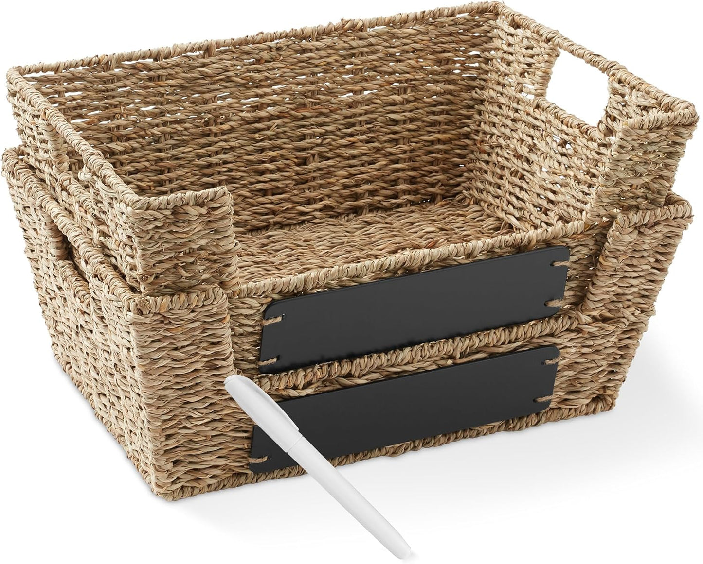 Casafield Set of 2 Seagrass Pantry Baskets with Handles, Chalkboard Labels and Marker - Natural, Wide Woven Storage Bin Organizers for Kitchen Shelves