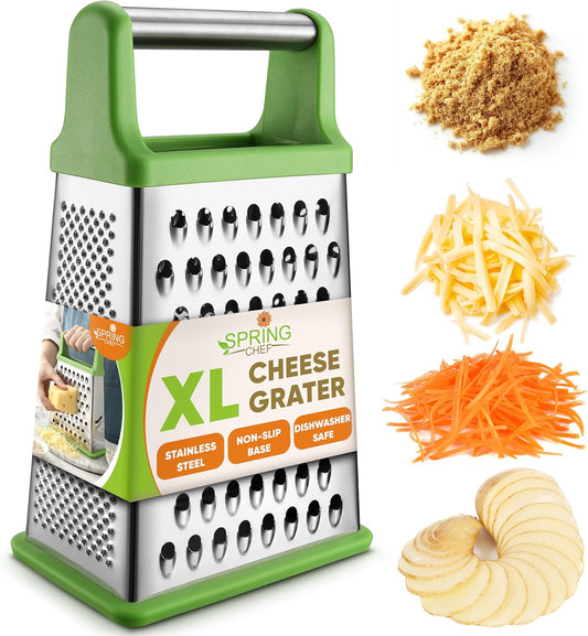 Spring Chef Green Professional Stainless Steel XL Parmesan Cheese Grater with Handle - 4 Sided Box Grater for Kitchen - Dishwasher Safe Food Shredder for Carrot, Potato, Vegetables, Ginger, Hash Brown