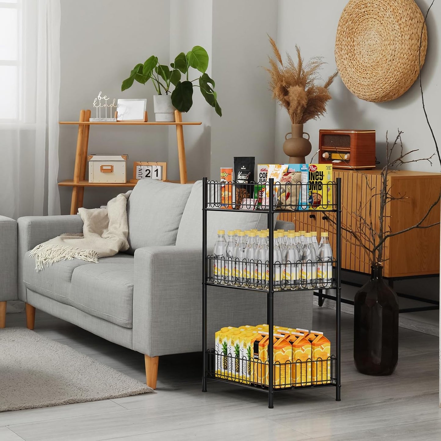 OYEAL Water Bottle Holder Rack 3 Tier Soda Drink Organizer Vertical Metal Food Storage Shelf for Kitchen Countertop Pantry, Can Storage Organizer for Pantry