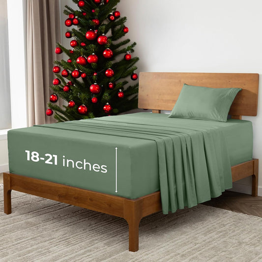 Mellanni Extra Deep Twin XL Sheets - 3 PC Iconic Collection Bedding - Hotel Luxury, Ultra Soft, Cooling Bed Sheets - Wrinkle, Fade, Stain Resistant (Twin Extra Long, Sage)