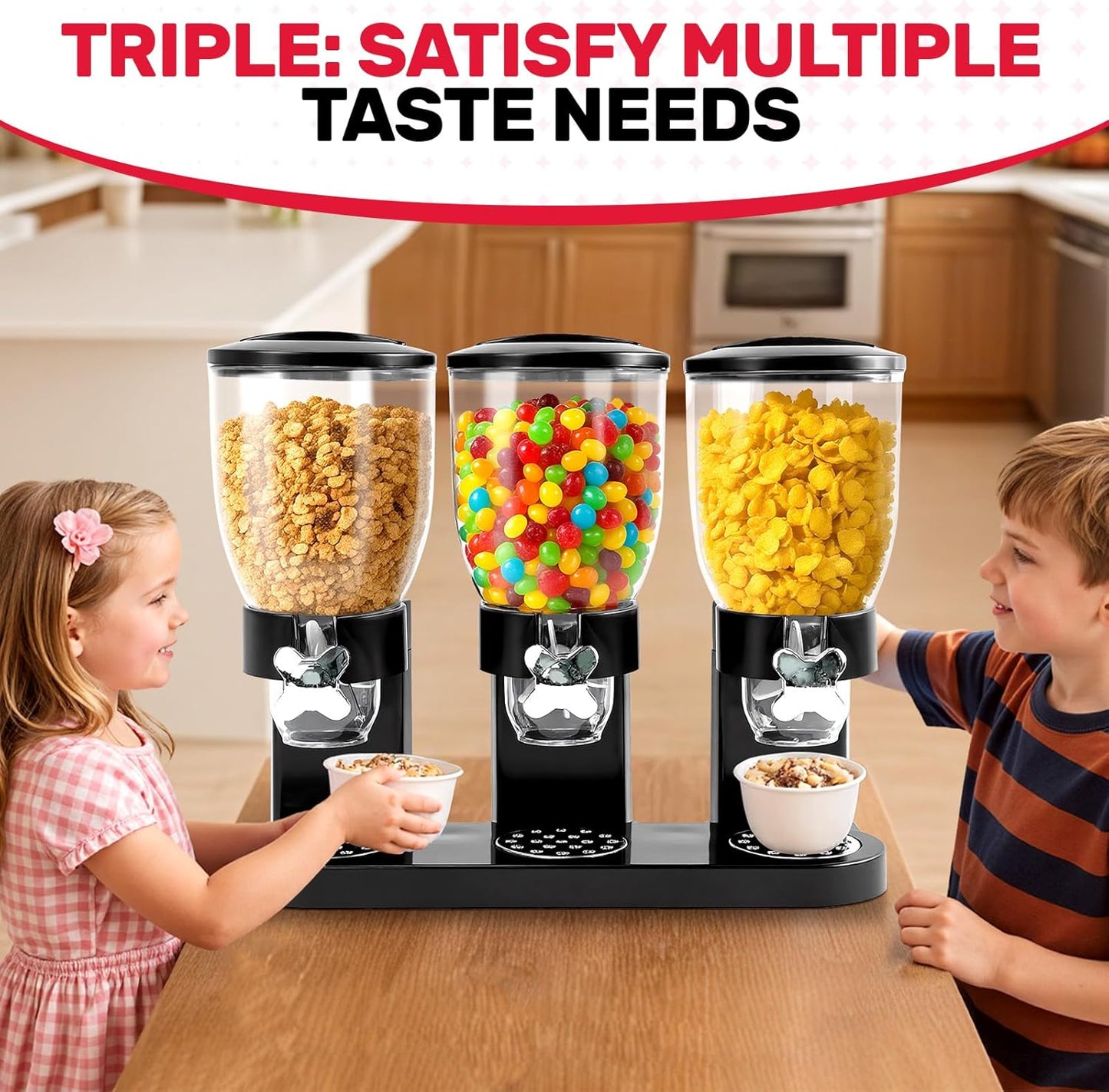 Triple Cereal Dispenser Countertop - 3 Pack 2L Large Cereal Containers Storage Airtight, Rotating Black Plastic Dry Food Dispenser for Cereal, Rice, Grains, Candy, Coffee Beans