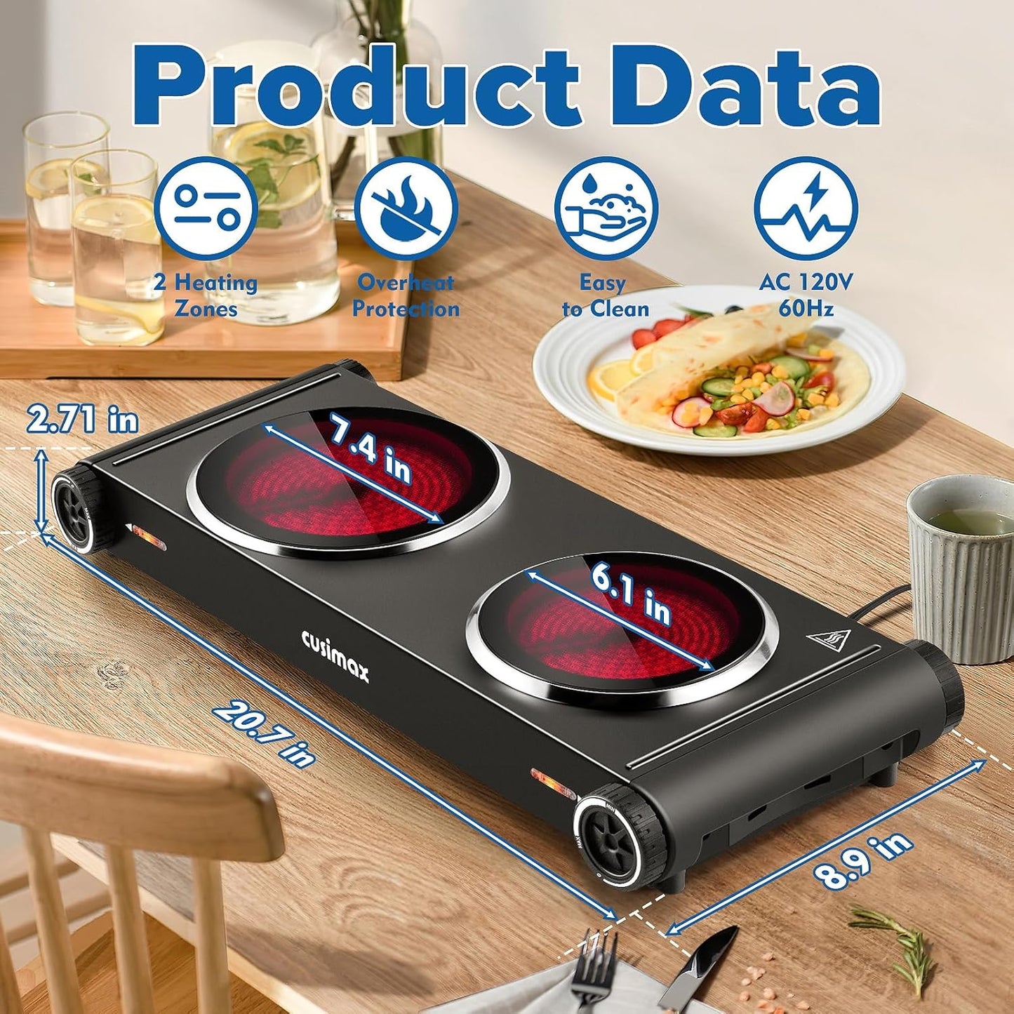 Cusimax Hot Plate,1800W Electric Stove Countertop Double Cast Iron Burner with Adjustable Temperature,7.4”+6.1” Portable Hot Plates for Cooking,Compatible for All Cookwares