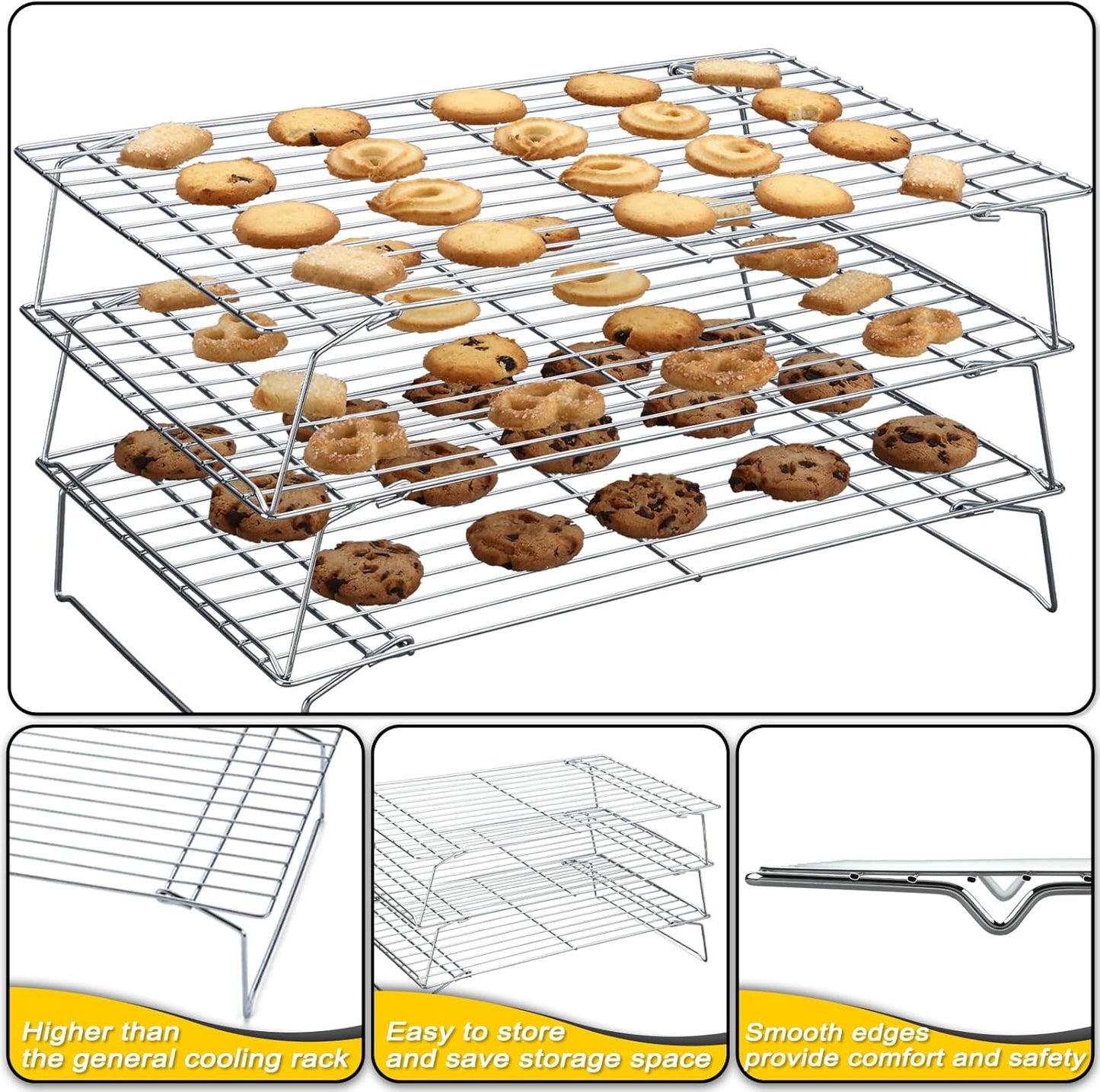 Cooling Racks - 10 * 16 Inch 3PCS Stackable Tall Baking Racks, Stainless Steel Wire Rack for Baking Sheet, Cooling Racks for Cooking and Baking, Oven and Dishwasher Safe