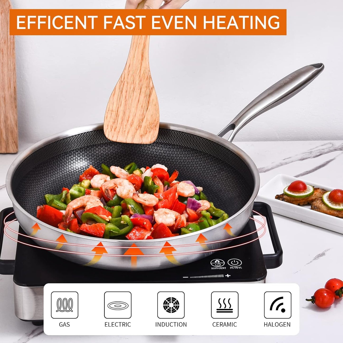 DELARLO Whole body Tri-Ply Stainless Steel Hybrid 12 inch Frying Pan With Lid Nonstick, Oven safe induction skillet,Suitable for All Stove (Detachable Handle)