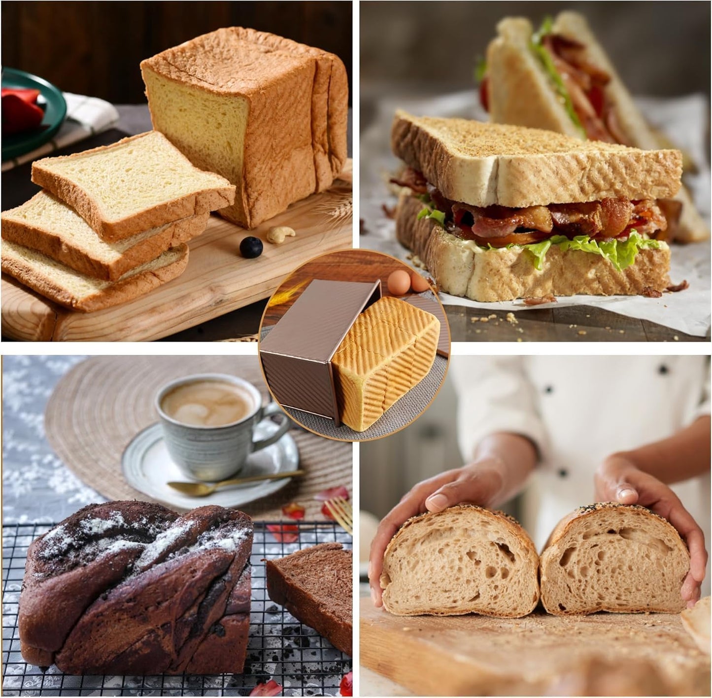 2-pack 2.2lb Gold Pullman Loaf Pan with Lid, Premium Non-Stick Coating Bread Pan, PFTE and PFOA-Free, Safe and Healthy Baking for Homemade Bread with Family-sized Recipes