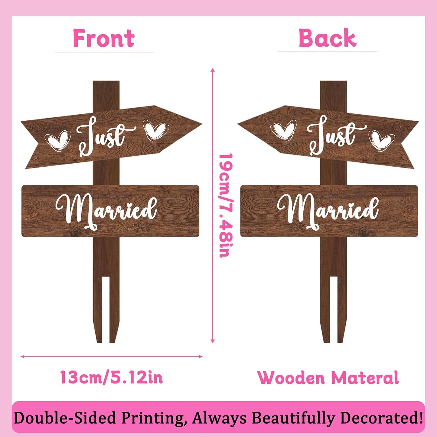 Just Married Cake Topper Rustic Wedding Cake Topper Double-Sided Wood Cake Toppers 7.48'' x 5.12'' Wedding Cake Decoration
