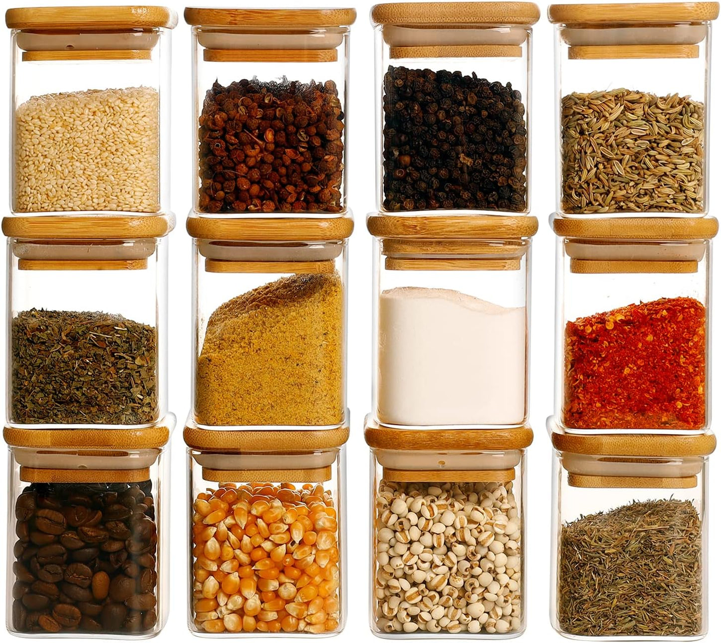 12 Pcs Square Glass Spice Jars with Natural Bamboo Lids - 5oz Airtight Herb Containers with 148 Waterproof Minimalist Spice Labels Preprinted - Empty Small Seasoning Jars for Kitchen Pantry