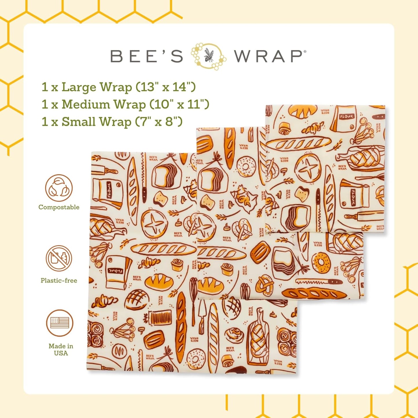 Bee's Wrap Beeswax Wraps for Food - Bakery Lane 3 Pack (S, M, L) Made in USA Reusable & Organic Food Wraps, Sandwich Wrap & Bowl Covers - Eco-Friendly Alternative to Aluminum Foil & Plastic Wrap