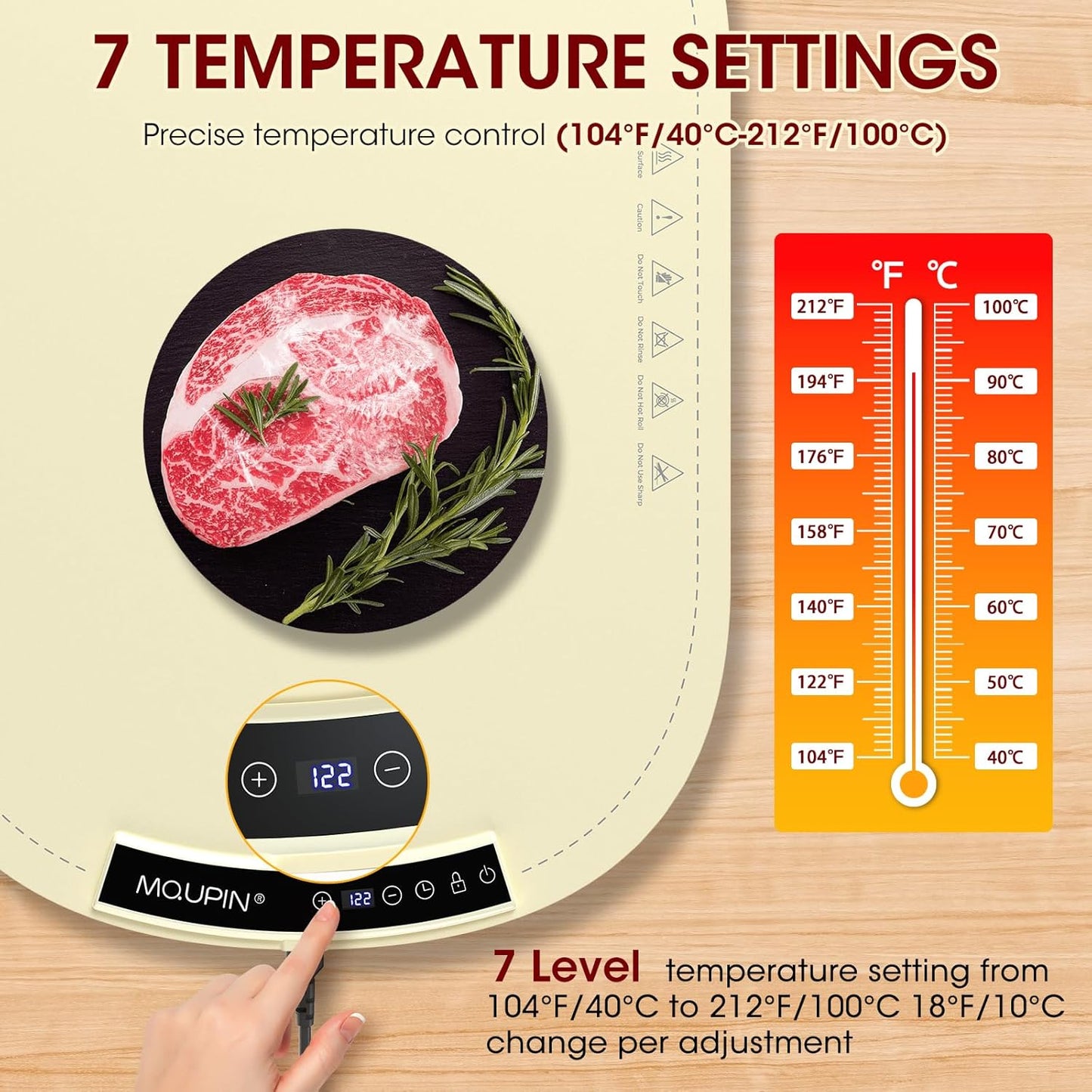 Warming Mat for Food, MQUPIN Food Warming Mat with 7 Temp Settings 1-4 H Timer and Child Safety Lock, Full Surface Heating Roll Up Electric Warming Tray for Gatherings,Parties,Buffet,Daily Use（Beige）