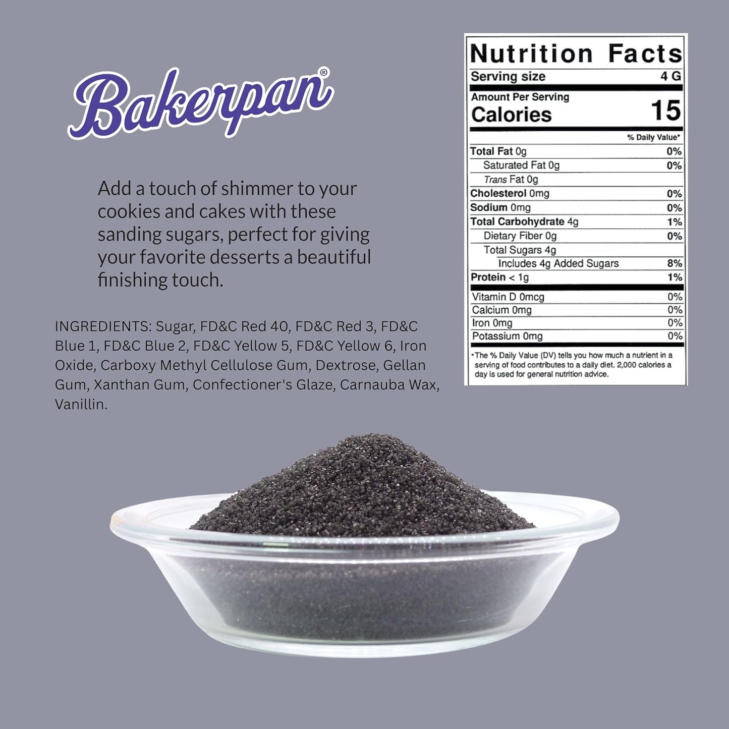 Bakerpan Black Sanding Sugar for Baking & Cookie Decorating - 5 Ounce Edible Black Sugar Sprinkles for Cookies, Cakes, Cocktails (Made In USA)
