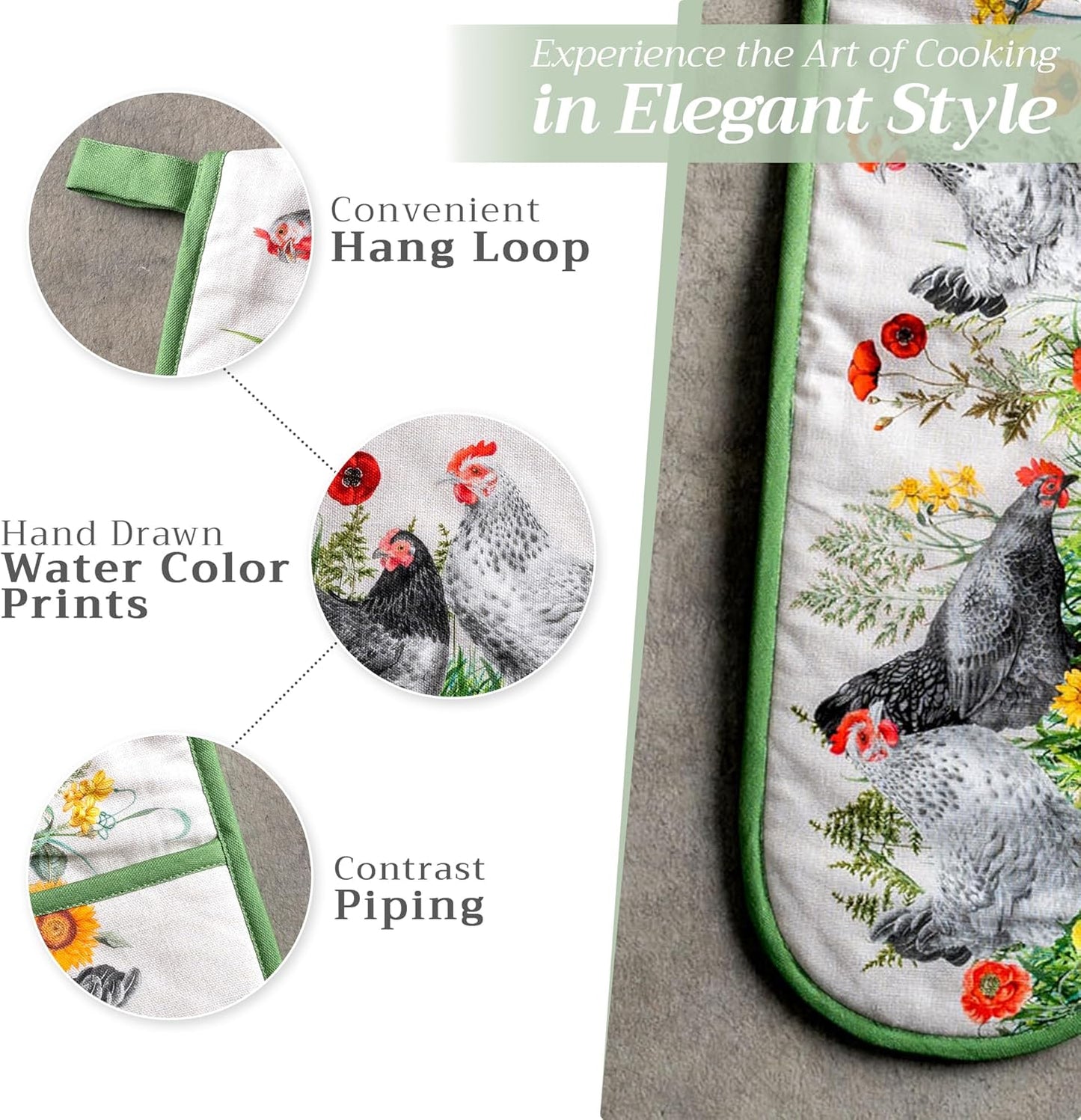 Maison d' Hermine Double Oven Mitts 100% Cotton 7"x35" Double Oven Mitt Heat Resistant BBQ Cooking Gloves with Loop, Baking, Grilling, Home, Kitchen, Handling Hot Pans Spring Summer (Basse Cour)