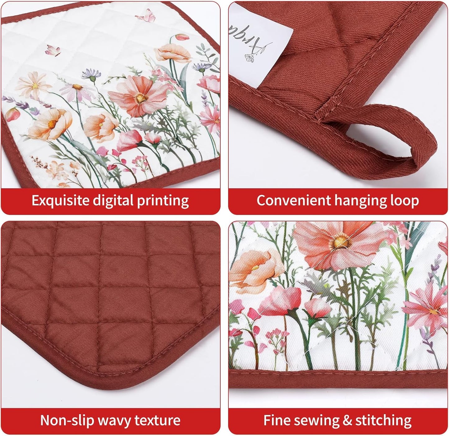 Pink Floral Oven Mitts and Pot Holders Sets 2Pcs, 100% Cotton Heat Resistant, Extra Long Oven Gloves Potholder for Kitchen Cooking Baking Decoration