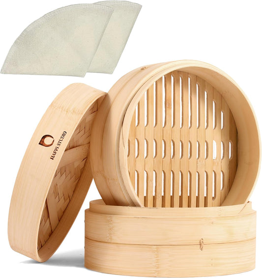 Bamboo Steamer - 2-Tier 10 Inch for Cooking Dim Sum, Momo, Rice - Chinese Basket for Bao Bun, Dumplings - Japanese Steaming