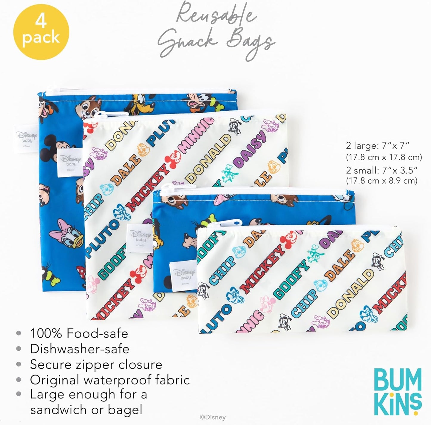 Bumkins - Cloth Snack & Sandwich Bags - For Storage, Travel, Food Prep, Lunch - Reusable, Water Resistant, Washable, Dishwasher Safe - Snack Bags for Kids -Zipper Closure -Mickey & Friends MVP -4 Pack