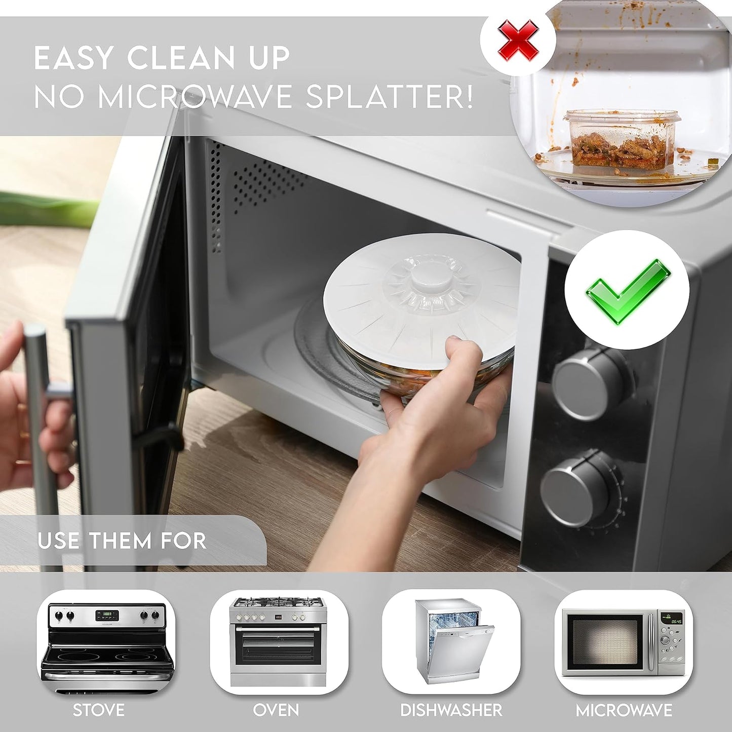 Silicone Bowl Lids White, Set of 5 Reusable Suction Seal Covers for Bowls, Pots, Cups. Food Safe. Natural grip, interlocking handles for easy use and storage.