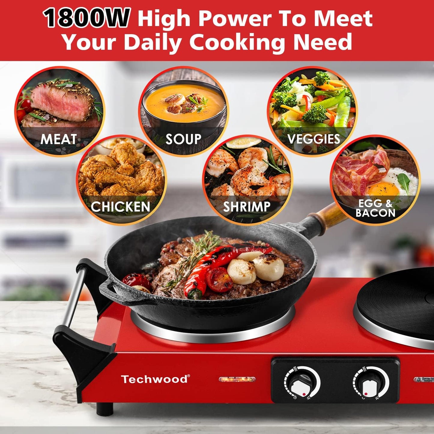 Hot Plate, Techwood 1800W Portable Electric Stove for Cooking Countertop Dual Burner with Adjustable Temperature & Stay Cool Handles, 7.5” Cooktop for Home/RV/Camp, Compatible for All Cookware, Red