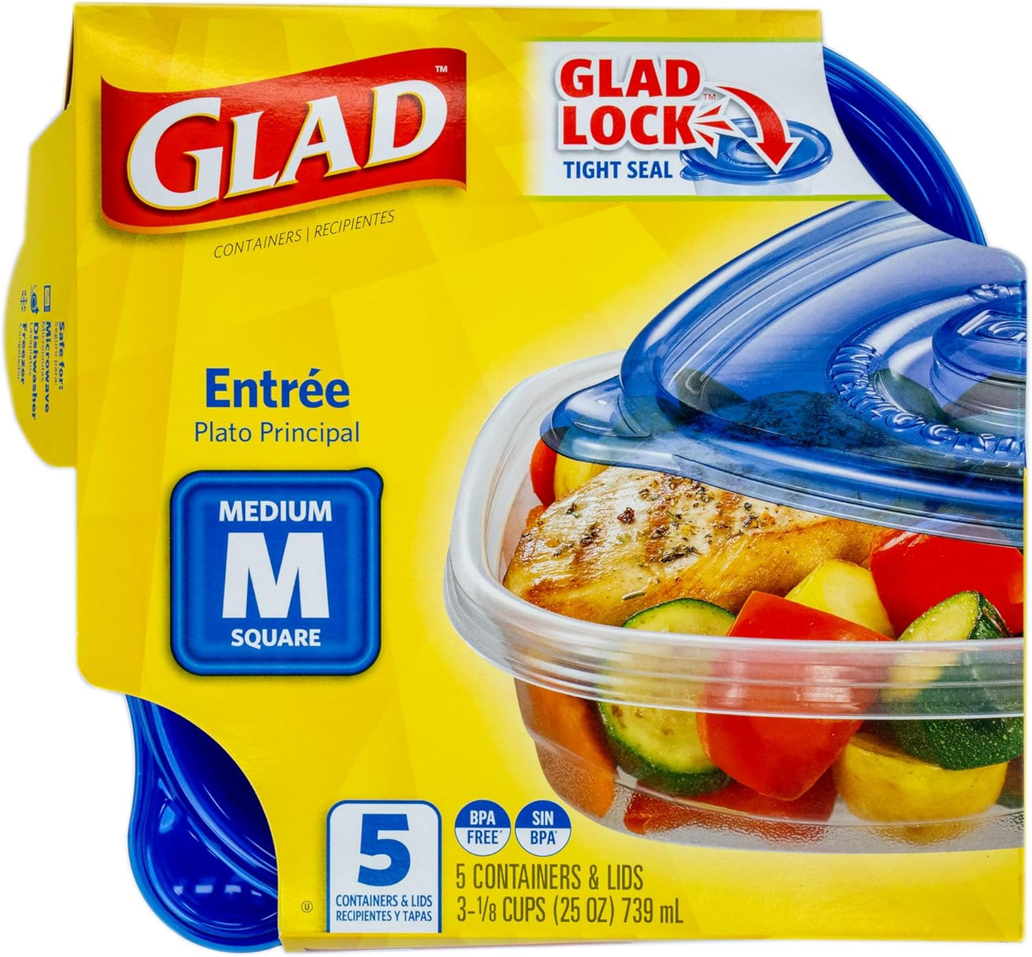 Glad GladWare Entrée Food Storage Containers, Medium Square - Meal Container Holds up to 25 Ounces of Food - Lock Tight Seal, 5 Count - 6 Pack