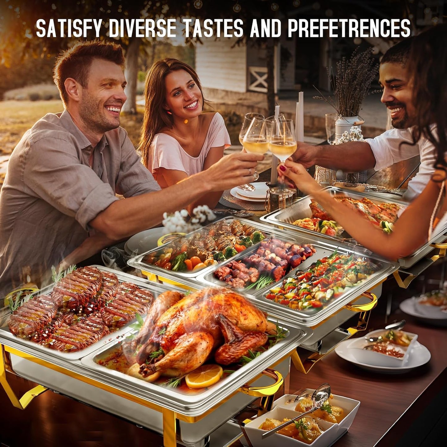 Chafing Dishes for Buffet 4 Pack, [Elegant Gold and Silver] Stainless Steel Chafing Dish Buffet Set, 9QT No-Finger Cut Roll Edge Chafers and Buffet Warmers Sets for Party (Gold 1/2 Panx2+Full Panx2)