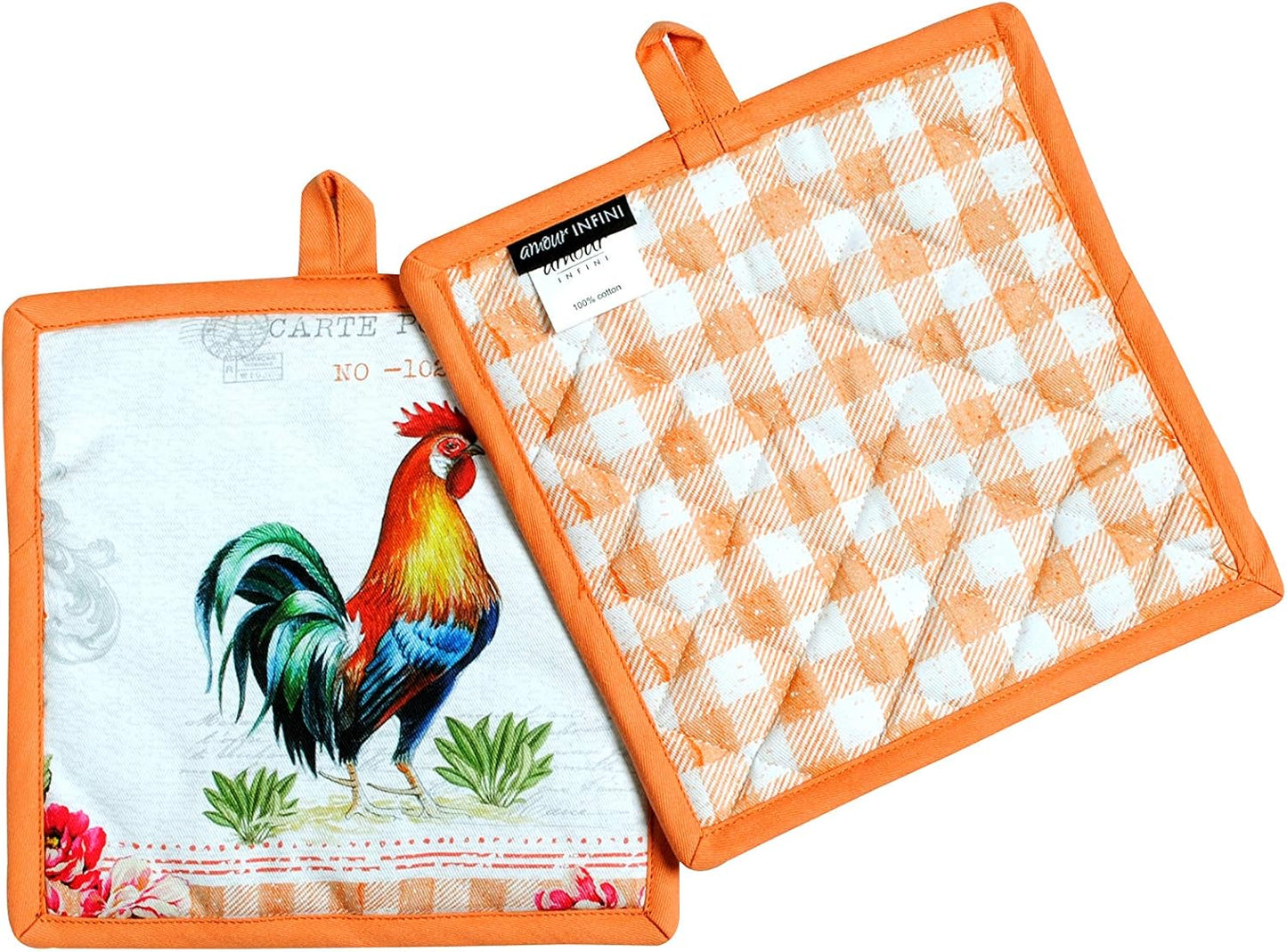 AMOUR INFINI Oven Mitts and Pot Holders Sets Heat Resistant, Non-Slip 1 Oven Mitt and 1 Pot Holder BBQ Party Baking Kitchen Set (Farm Rooster Design)